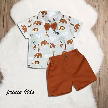 

Pudcoco 2019 Summer Toddler Kid Baby Boy Gentleman Formal Party Suit Animal Shirt+Pants Short 2PCS Outfits Cartoon Set Clothing