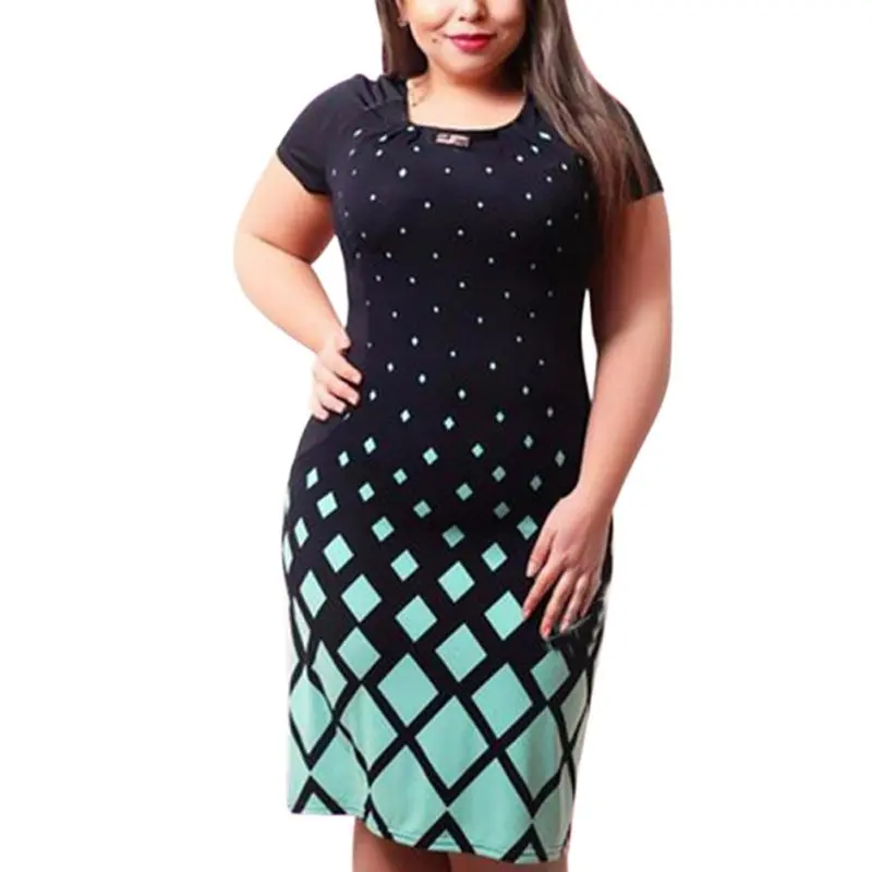 

Fashion Women Summer Mini Dresses Geometry Printing Contrast Color Hip Cover Short Sleeve Plus Size L-6XL Dress Vestidos