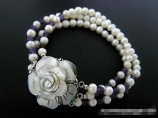 

Hot sale new Style >>>>>3 Rows White Pearl Amethyst Shell Flower 18KWGP Clasp Bracelet