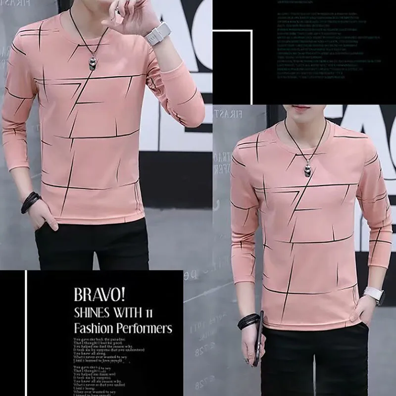 

Spring Autumn Long Sleeve Men's T-shirt Sets O-neck Solid Polyester T Shirt Men Pink White Black