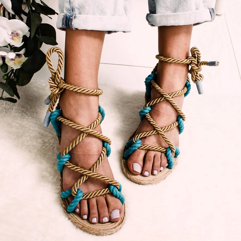 Women Sandals 2019 Fashion Summer Shoes Woman Flat Sandals Hemp Rope Lace Up Gladiator Sandals Non-slip Beach Chaussures Femme
