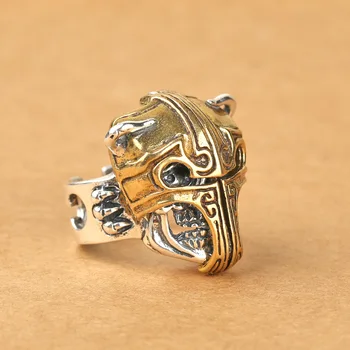 

S925 sterling silver jewelry inlaid copper skull head fighter helmet ring men domineering wide ring Retro
