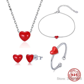 

925 Sterling Silver Fine Jewelry Set Cute Red Love Heart Enamel Never Fade RI+BR+EA+NE For Women Valentine'S Day Gift