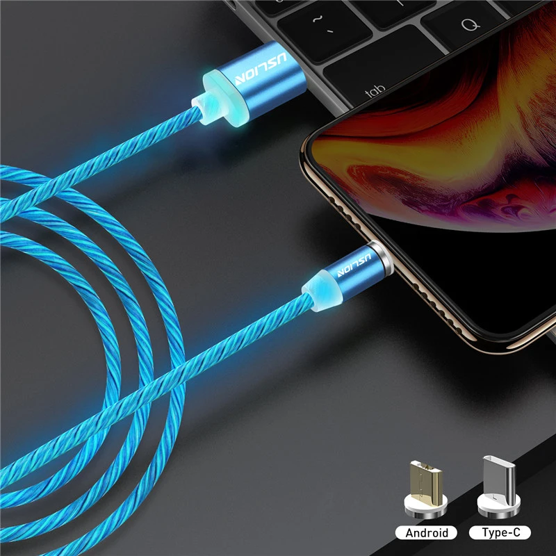 Магнитный кабель USLION, светильник для быстрой зарядки, светильник-вспышка, магнитный кабель Micro usb type C для samsung S10 светодиодный кабель, зарядное устройство - Цвет: Синий