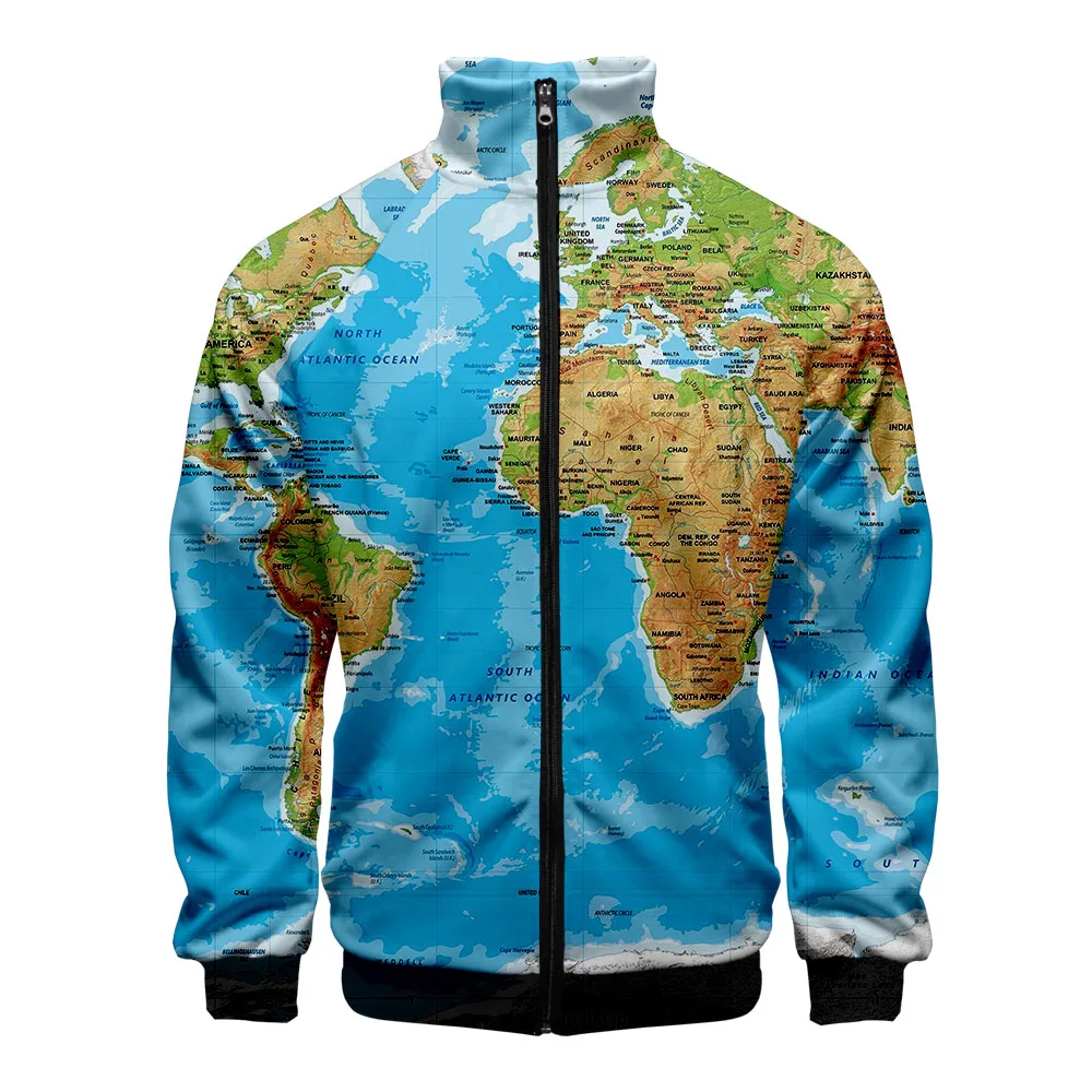 

2019 3D Printed WORLD MAP Stylish casual zipper collar jackets hip pop high quality Street style Cool design jackets