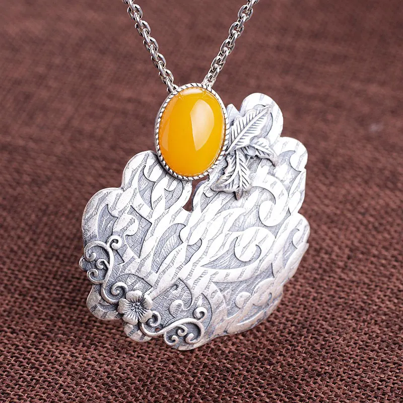

FNJ 990 Silver Pendant Flower Yellow Chalcedony Stone Punk Original Pure S990 Thai Silver Pendants for Men Jewelry Making