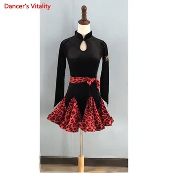 

New velvet long sleeved girl children's Latin dance performance dress Children/Girls Cha Cha/Rumba/Samba Dance practice clothes