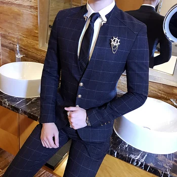 

Mandarin Collar Suit Plaid Suit Male 2019 Collar Suit Business Casual Terno Slim Black Navy Wedding Slim Set Two-piece Set