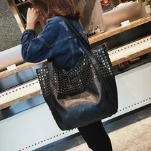 Big Bag For Women Summer Shopper Bag Tote Rivet Large Capacity Soft Leather Casual Black Handbag Ladies Sling Bag