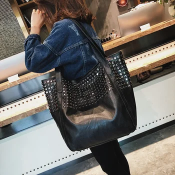 

Big Bag For Women Summer Shopper Bag Tote Rivet Large Capacity Soft Leather Casual Black Handbag Ladies Sling Bag
