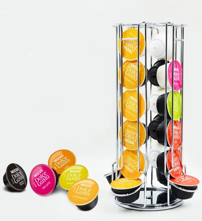 

360 degree Rotating Coffee Pod Holder Iron Chrome Plating Stand Coffee Capsule Storage Rack for 24pcs Dolce Gusto Capsule