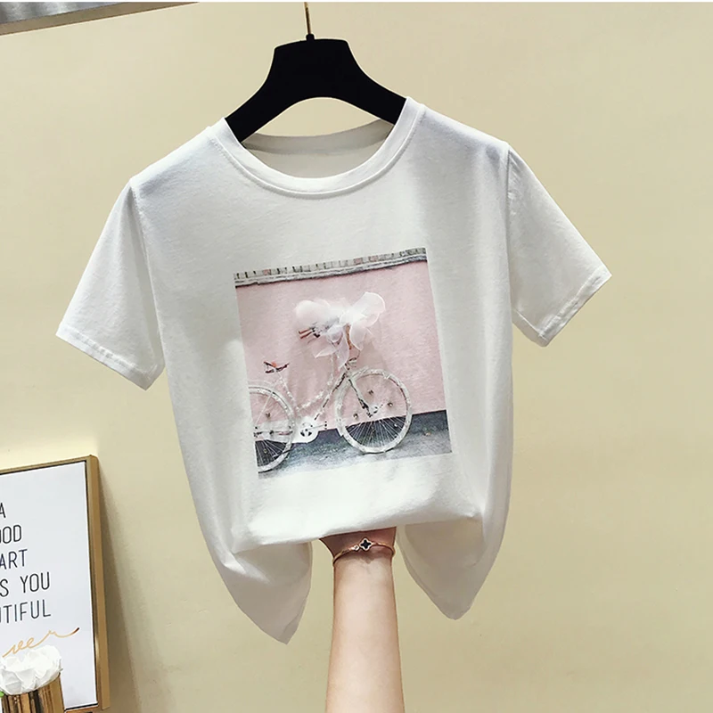 

GGRIGHT Funny Diamonds Print T-shirts Women 2019 Summer Cotton O-neck Short Sleeve Tshirts White Pink Women Tees Top Harajuku