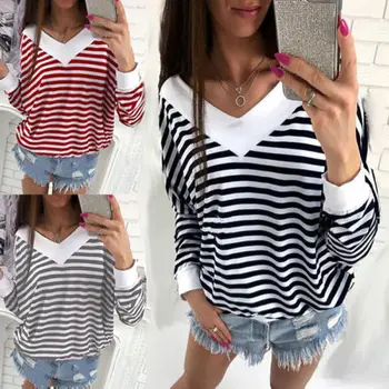 

Fall Fashion Women Ladies Loose Casual Long Sleeve Shirt Striped V-Neck Blouse Tops Clothing