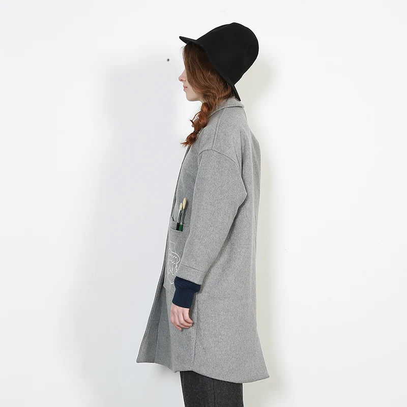 Dames Bande Gris Broderie Femme Nouveau Laine Manteau Mélanges Dessinée Femmes 2017 Pour De Mode Long Coréenne Printemps RTOBwUq