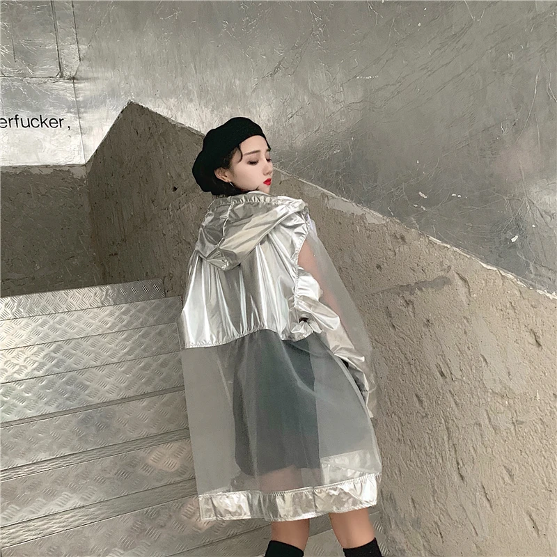 Neploe Harajuku серебряная Солнцезащитная куртка 2019 летнее пальто с капюшоном и длинным