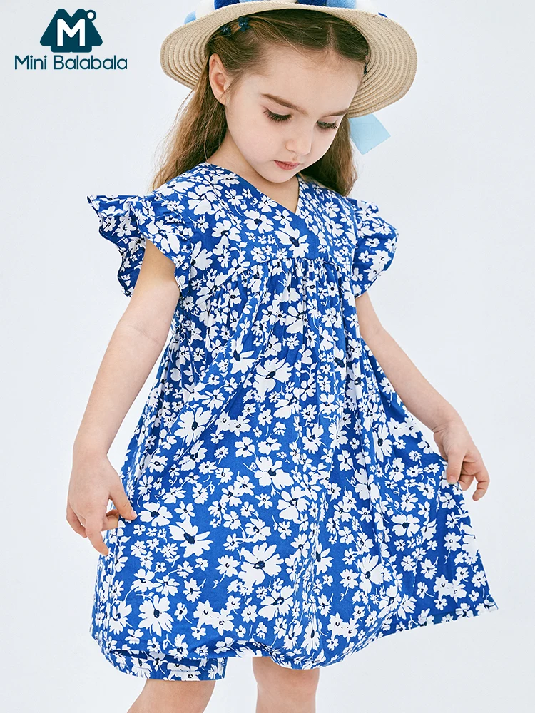 Minibalabala/платье с цветочным рисунком для девочек; лето г.; Высокая талия; свободное детское платье в стиле Корейская принцесса; Детские хлопковые модные платья для детей