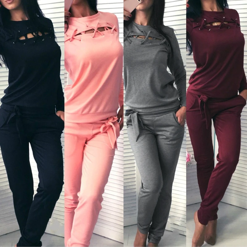

Sporting Suit Women Patchwork 2 Pieces Sets 2017 Spring Female Sexy Straps Hollow Tops And Pants Long Sleeve