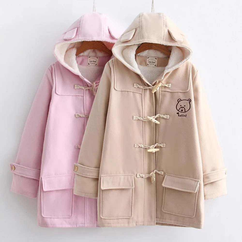 

Horn button woolen preppy style Cute bear embroidery hooded jacket coat mori girl