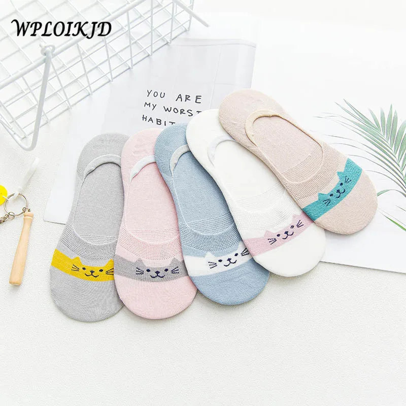 

[WPLOIKJD]Casual Breathable Antiskid Silicone Stealth Ship Socks Lovely Cartoon Cat Patchwork Candy Color Socks Women Meias