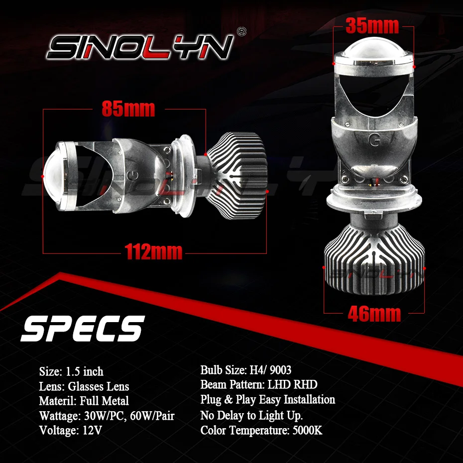  H4 9003 LED Headlight Bulbs Mini H4 Bi-LED Projector Lenses 1.5'' 60W 5000K Car Motorcycle Light Ac - 32994000679