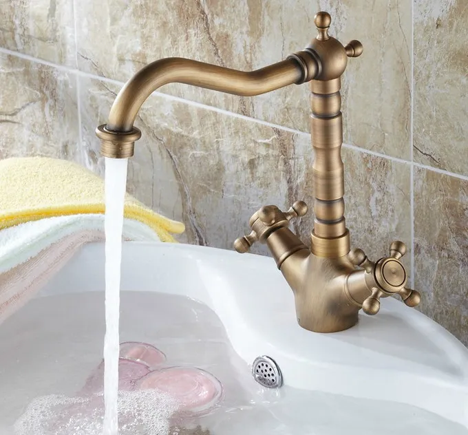 Vintage Retro Antique Brass Swivel Spout Double Cross handles Kitchen Bar Bathroom Vessel Sink Basin Faucet Mixer Tap anf078