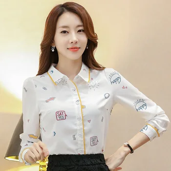 

Good Fashion Printed Lady White Blouses Plus Size S-4XL Long Sleeve Women Casual Chiffon Shirts 2018 New Wear