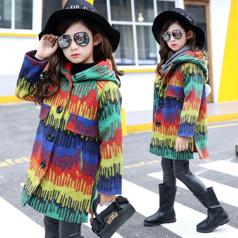 

woolen teenage little girls winter autumn coat long rainbow long hooded jacket for girls children clothing 2016 new fashion