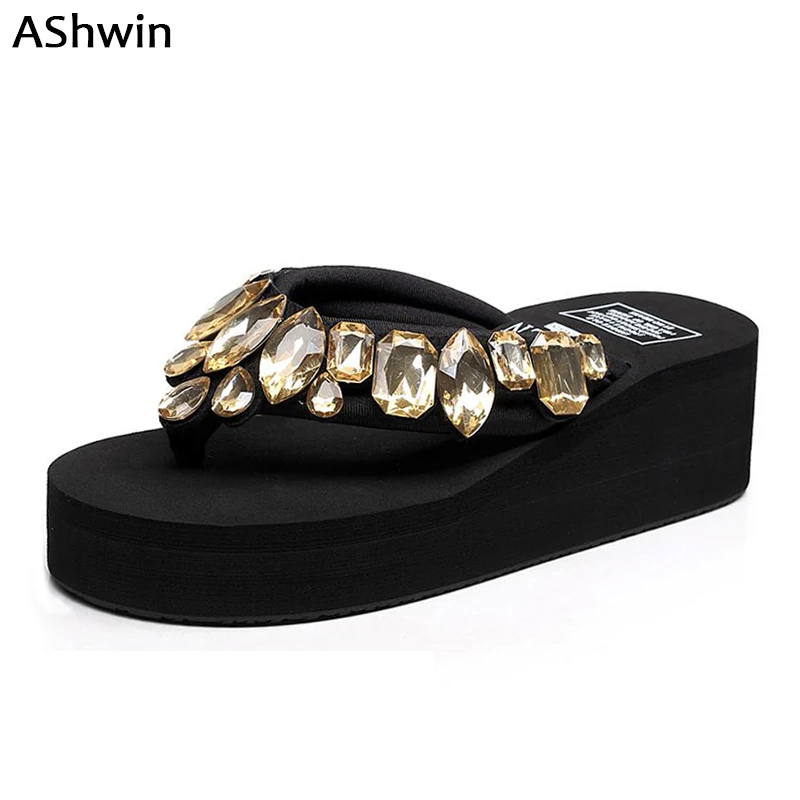 

AShwin high heels sandals women summer rhinestones glitter shoes wedge platform thong slippers diamond flip flops shiny beach