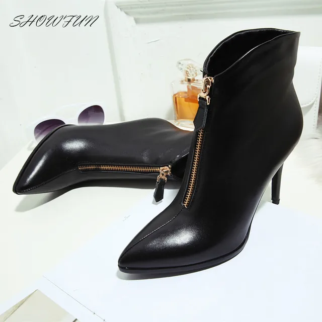Women High Heel Ankle Boots Pointed Toe Genuine Leather Buckles Dress Boots Plus Size Women High Heel Ankle Boots Pointed Toe Genuine Leather Buckles Dress Boots Plus Size