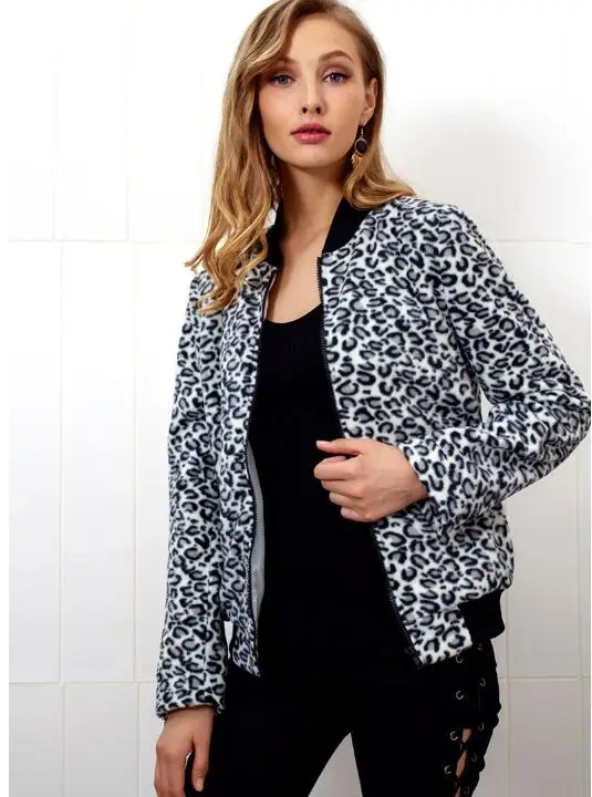 Casual baseball Sweatshirt Bomber Coat Women's Contrast Leopard Print Jacket Zip Long Sleeve Jacket