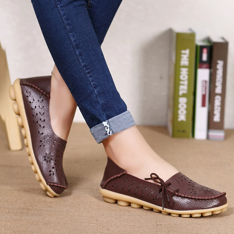 Flats Women Genuine Leather Shoes Woman Autumn Flat Shoes Women Loafers Slip On Moccasins Sapatos Feminino Casual Shoes - Color: Coffee