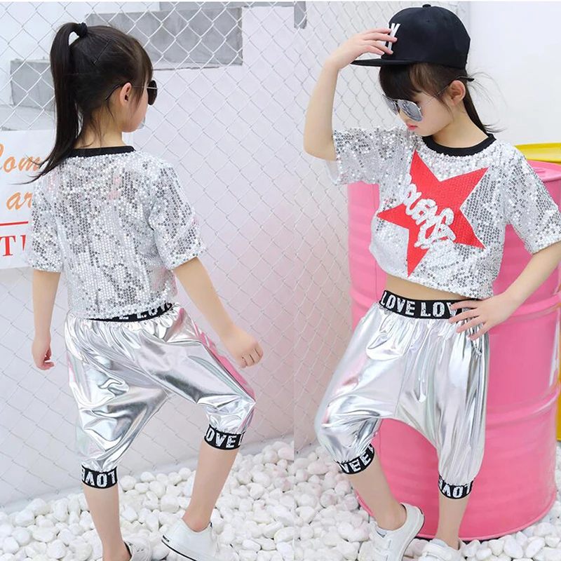

Girls Boys Sequin Ballroom Jazz Hip Hop Dance Competition Costume Set T Shirt Tops Pants for Kids Dancing Clothes Wear Outfits
