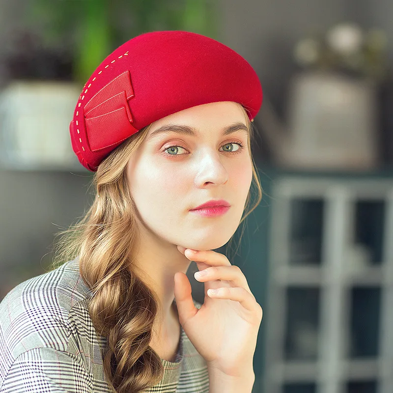 

Lady New Fedoras Wool Hats Girls Autumn Party Hat Female Fashion Stewardess Hats Warm Woolen Caps Adjust Bowtie Caps A93