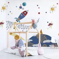 Белая и синяя космическая фантазия ракета и планеты 3D настенная бумага панно на стену оптовая продажа для мальчика Детская комната