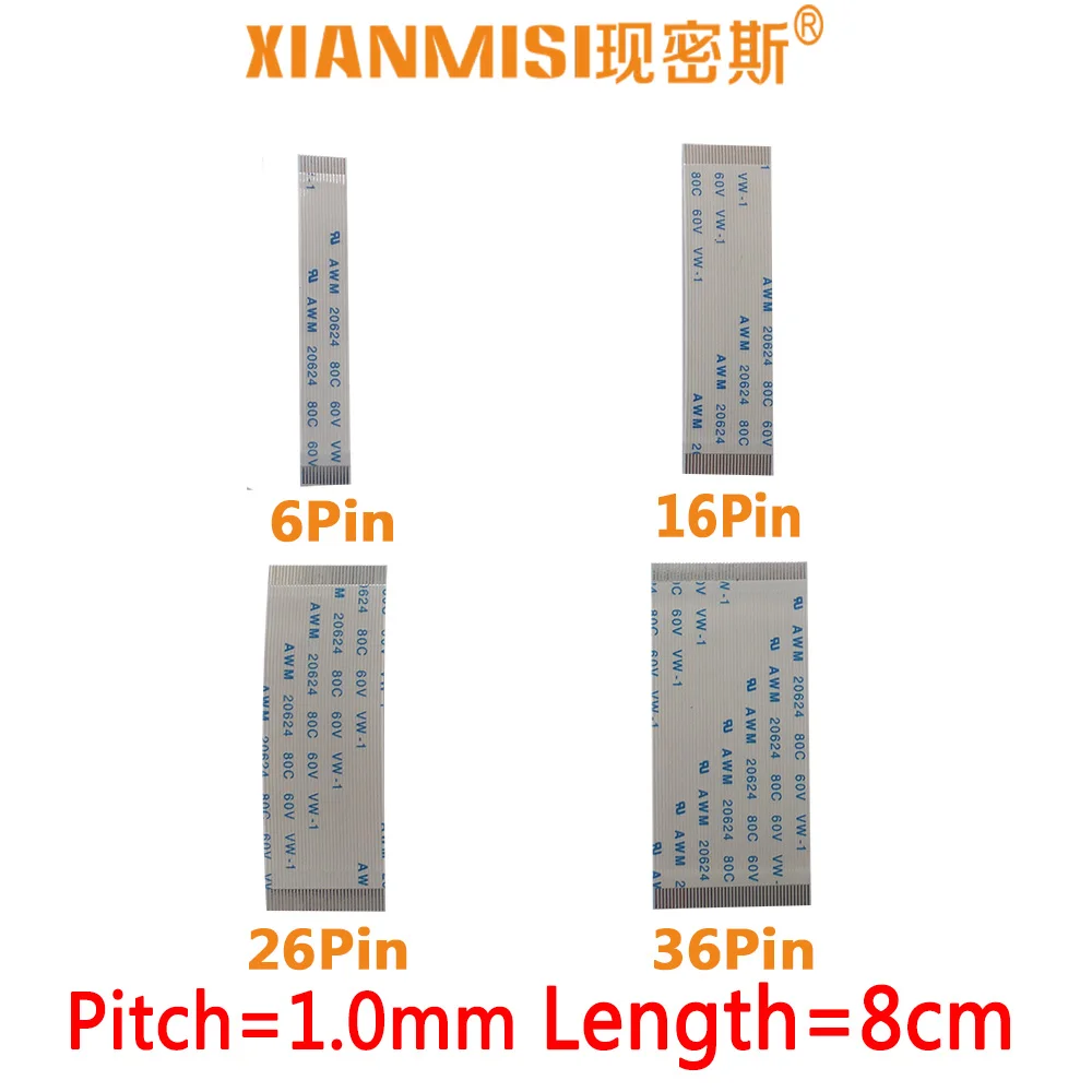 

FFC/FPC Flat Flex Ribbon Cable 6Pin 16Pin 26Pin 36Pin Same Side 1.0mm Pitch AWM VW-1 20624 20798 80C 60V Length 8cm 5PCS