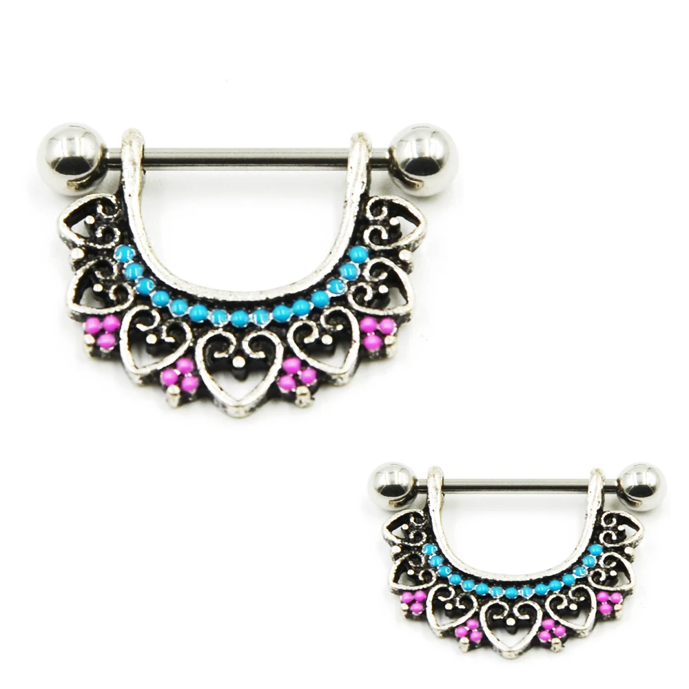 Pair Stainless Steel Lotus Flower Nipple Sheild Piercing Nipple Barbell