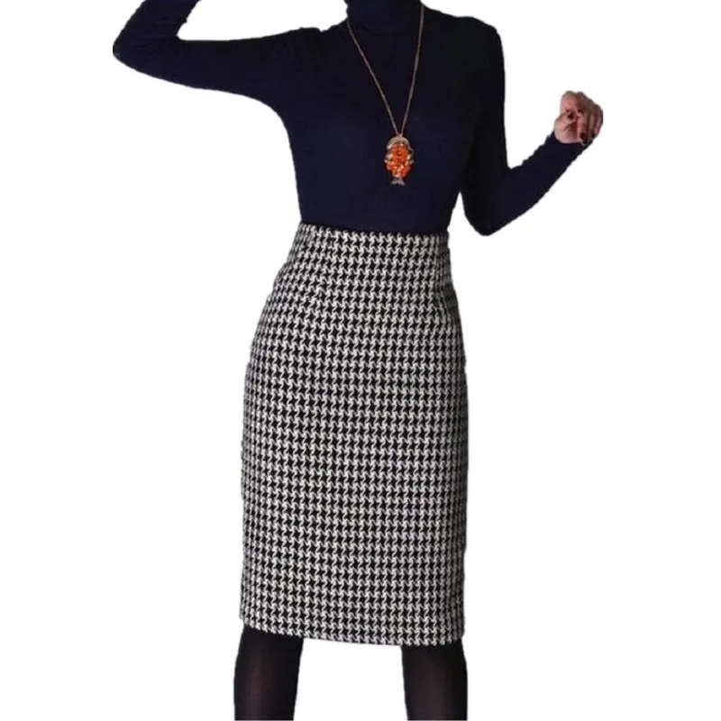 Модная Женская осенне-зимняя юбка женская облегающая шерстяная юбка с гусиными лапами юбка-карандаш с высокой талией юбки женские