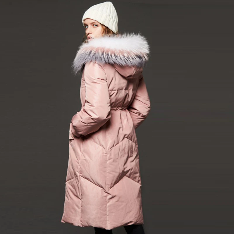 Korean 2018 New Winter Women's Down Jacket Casual Long Pink Thick Warm Hooded with fur Collar White Duck Down Coat Women AO591