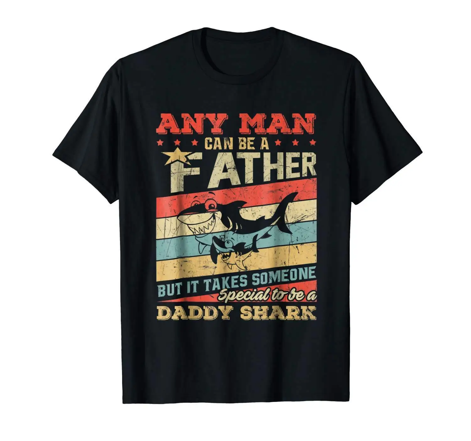 Free Shipping Vintage Design Any Man Can Be A Father Daddy Shark Black T-shirt Funny Gift For Dad size S-3XL | Мужская одежда
