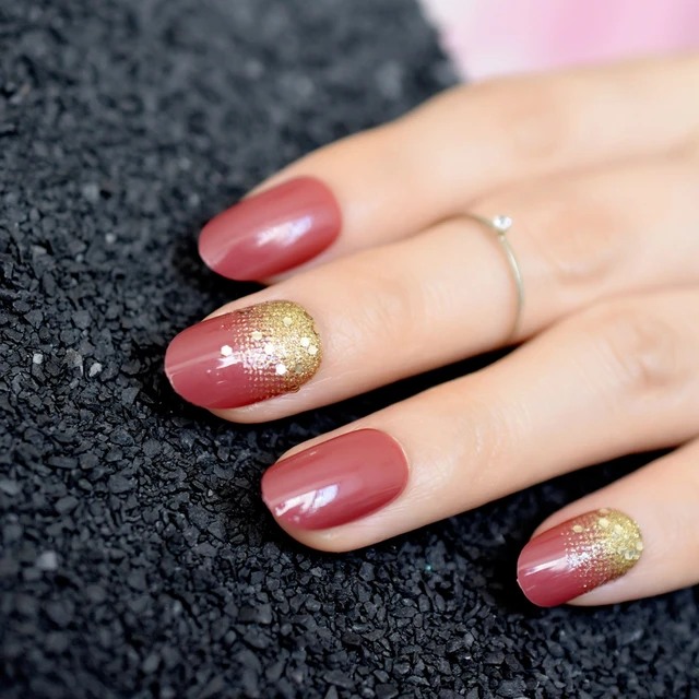 Y Red Short Full Nail Tips Gold Glitter Decoration Diy French Y Red Short Full Nail Tips Gold Glitter Decoration Diy French Fake Art Easy Wear