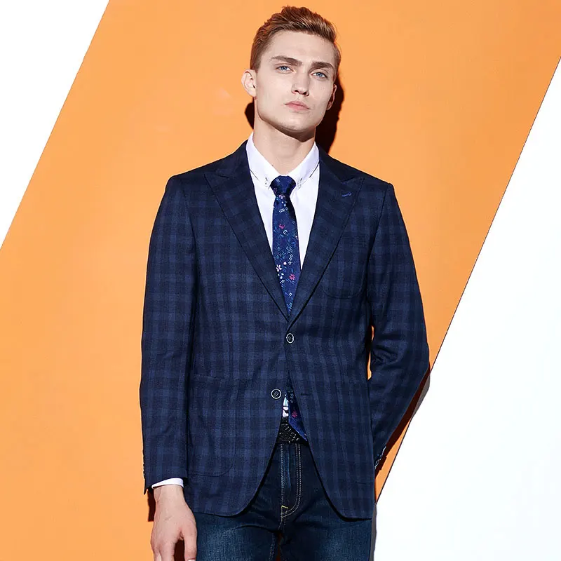 

blazer men 2017 autumn suits jacket blue plaid casual full sleeve single breasted business man wedding groom party father gifts