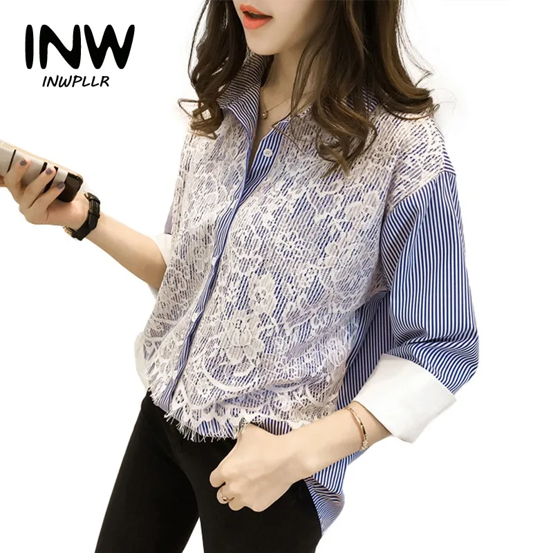 

2018 Lace Tops Women Blouses Summer Striped Shirts Female Chiffon Blouse Blue Rayas Plus Size Blusas Femininas Chemise Femme