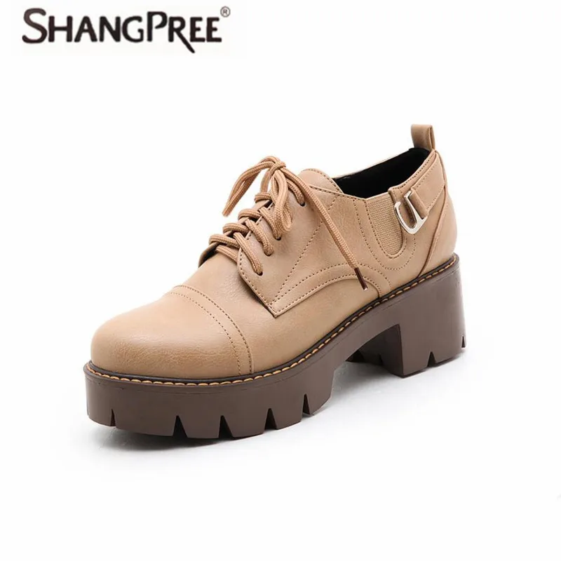 

SHANGPREE 2018 spring summer New women's shoes round British Increase women's shoes lace high heels 3-5cm women shoes size 34-43