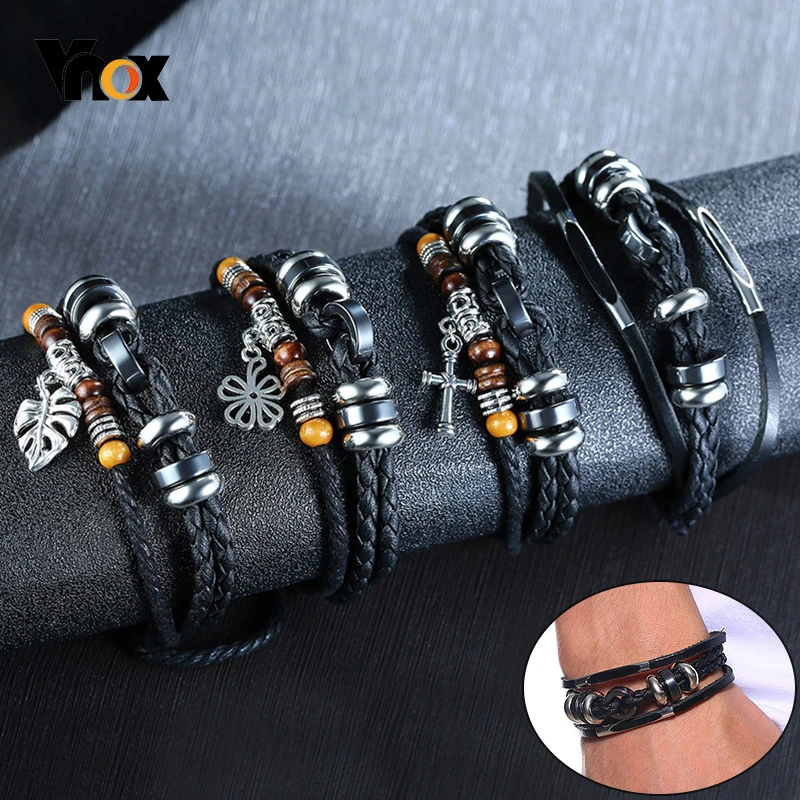 

Vnox Retro Mens Multi-layer Leather Bracelets Length Size Adjustable Wrist Jewelry for Boy Male Holiday Gifts