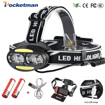

Pocketman Headlight Powerful USB Headlamp 4* T6 +2*COB+2*Red LED Head Lamp Head Flashlight Torch Lanterna with batteries charger