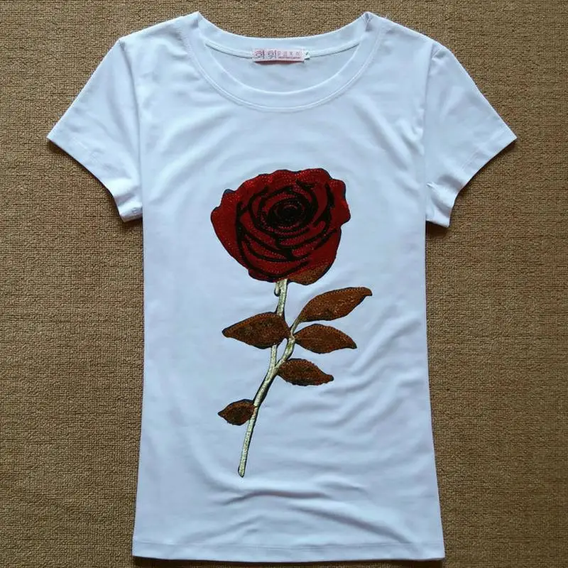 Новинка, расшитая блестками футболка с розами, женская футболка с короткими рукавами, camisetas mujer