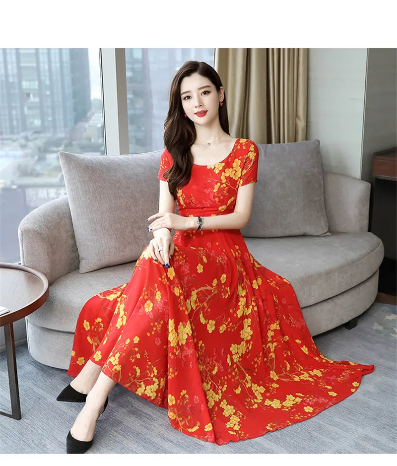 SexeMara Bohemian Style O-Neck Short-Sleeved Printed Temperament Waist Chiffon Long Large Dress 2019 Summer New Style (12)
