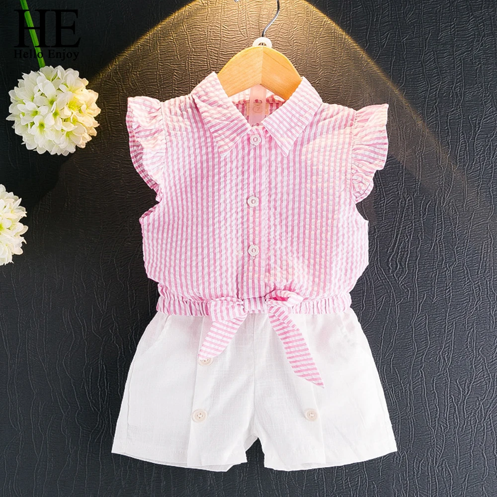 

HE Hello Enjoy Toddler Girls Summer Clothing Set 2 3 4 5 6 Year Kids Clothes Stripe Bow Shirts+White Shorts 2 Pieces Suits Child