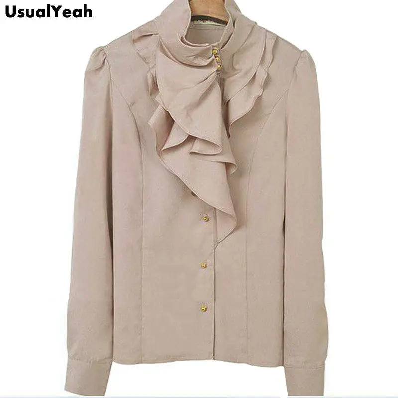

Spring Autumn Fashion OL Shirts Stand Collar Women Blouse Long Sleeve Ruffles Tops Blouses Lady Tops Formal Work Shirt W702