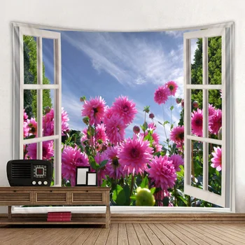 

Purple Flower Tapestry Wall Hanging Psychedelic Wall Carpet White Window Blue Sky Tapisserie Bohemian Tapestry Beach Towel Wall